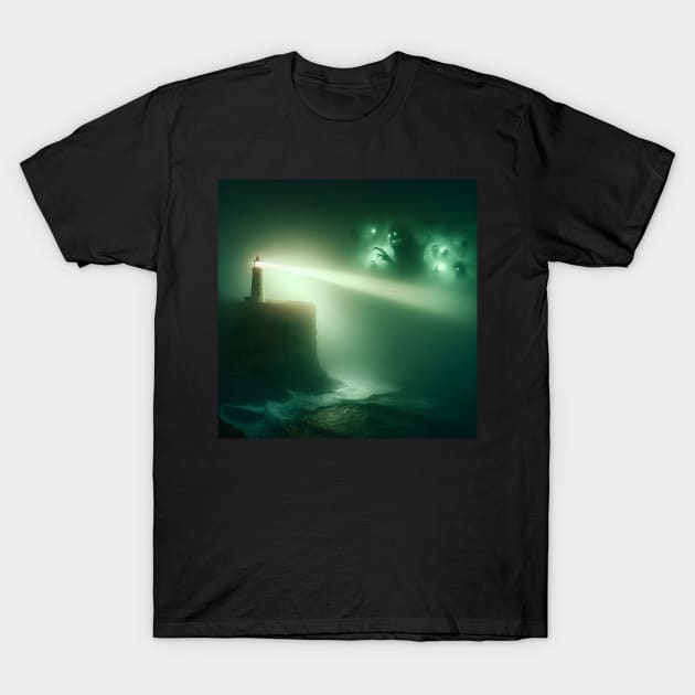 A lone lighthouse beam piercing through a green fog, revealing hidden horrors T-Shirt by OddHouse